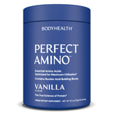 BodyHealth PerfectAmino Powder en tarro hermético para almacenamiento seguro y dosis precisas.