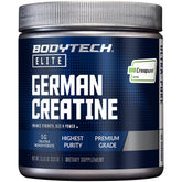 BodyTech Elite Creatina Creapure en envase, mezcla fácil para entrenamientos.