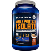 BodyTech Whey Isolate Cinnamon Cereal: bote vertido con 25 g de proteína por porción.