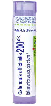 Boiron Calendula Officinalis 200CK, tubo con granulos para alivio práctico de daños leves.