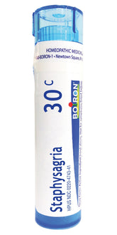 Boiron Staphysagria 30C, empaque con bolitas: apoyo suave para la curación de heridas.