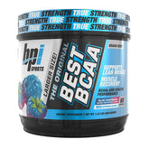 BPI Sports Best BCAA en pote con sabor frambuesa azul para hidratación y recuperación.