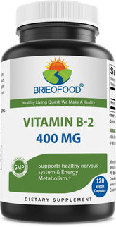 Brieofood Riboflavina 400 mg, botella de cápsulas veganas para energía diaria.