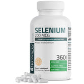 Bronson Selenium 200 mcg, botella de cápsulas, soporte al sistema inmune y metabolismo.
