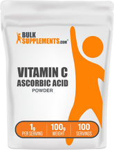 Polvo de ácido ascórbico Bulksupplements en envase de 100 g, posible apoyo al sistema inmune