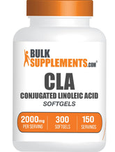 Bulksupplements CLA cápsulas blandas en botella para energía diaria.