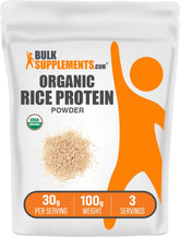 BulkSupplements Arroz Proteína Orgánica en empaque, opción vegana y sin gluten.