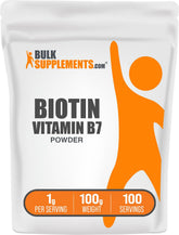 BulkSupplements Biotina 10000mcg en polvo en bote para cabello y uñas saludables.