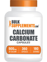 BulkSupplements calcio-carbonato cápsulas 500 mg en botella, para uso diario.