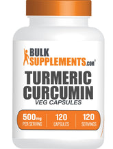 Cápsulas BulkSupplements Curcuma 500 mg en botella, apoyo diario de bienestar natural.
