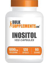 Bulksupplements Inositol capsulas: botella y etiqueta visibles, calidad y pureza destacadas.