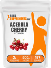 BulkSupplements Polvo de cereza acerola en empaque de 500 g para uso diario.