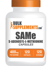 BulkSupplements SAM-e cápsulas 400 mg; bote visible para ingesta diaria conveniente.