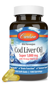 Carlson aceite de hígado de bacalao, botella frente a la mesa, apoyo a la salud general con omega-3.