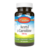 Carlson Acetil L-Carnitina 500 mg, cápsulas en botella, apoyo diario.