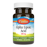 Carlson alfa-lipoico 300 mg: botella con etiqueta visible para apoyo de energía diaria.