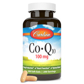Carlson Co-Q10, botella frente a cámara, cápsulas suaves visibles para energía diaria.