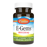 Carlson E-Gems 800 IU, frasco de cápsulas blandas, fácil de consumir.