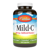 Carlson Mild-C 500 mg, botella y cápsulas, apoyo diario de vitamina C para bienestar.