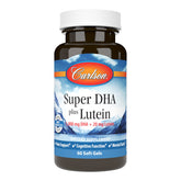 Carlson Super DHA Plus Luteína: botella de cápsulas para apoyo diario de visión y bienestar.