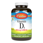 Carlson Vitamin D3 4000 UI cápsulas blandas en botella para apoyo óseo.