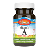 Carlson Vitamina A 10000 unidades para visión saludable en cápsulas blandas.