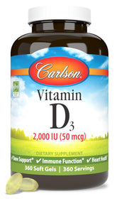 Carlson Vitamina D3 2000 UI, botella visible para apoyo diario de huesos