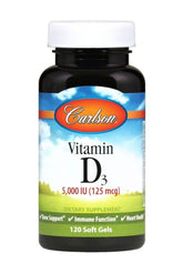 Carlson Vitamina D3 5000 UI, cápsula blanda en botella, apoya la salud ósea.