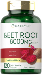 Carlyle Beet Root Capsules frasco: formato de liberación rápida para uso diario.