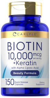 Carlyle Biotin 10000mcg en botella para cabello, piel y uñas.