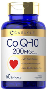 Carlyle CoQ10 200 mg, frasco de cápsulas, apoyo diario para vitalidad.