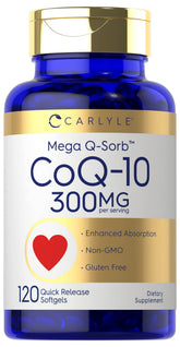 Carlyle CoQ10 300 mg en botella, alta absorción para energía diaria.
