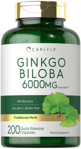 Carlyle Ginkgo Biloba cápsulas en botella, apoyo a la vitalidad diaria.