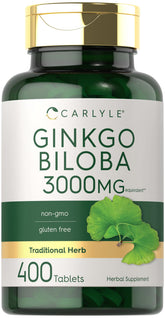 Carlyle Ginkgo Biloba tabletas en frasco, apoyo suave para la rutina diaria.