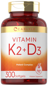 Carlyle K2D3, botella de 300 cápsulas blandas para uso diario.