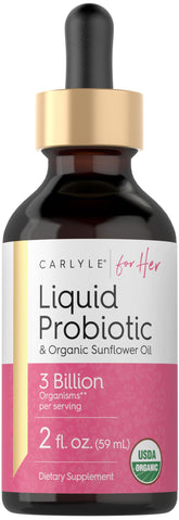 Carlyle probiótico líquido para mujeres, bote 2 oz, uso diario seguro.