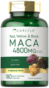 Carlyle Maca en cápsulas dentro de la botella para apoyo diario de energía.