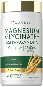 Carlyle glicinato de magnesio con ashwagandha, botella frontal para uso diario suave.