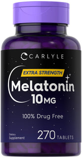 Carlyle Melatonina 10 mg en envase, apoyo nocturno para una rutina relajante.
