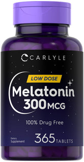 Carlyle Melatonina 300 mcg, frasco con tabletas para una rutina nocturna relajante.