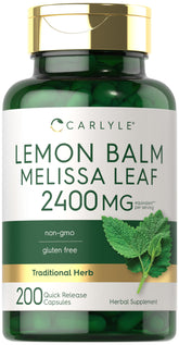 Carlyle Melisa cápsulas: botella frontal, uso diario práctico para bienestar natural.