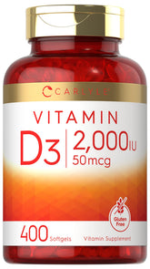 Carlyle Vitamina D3 2000 UI en botella de 400 cápsulas para uso diario.