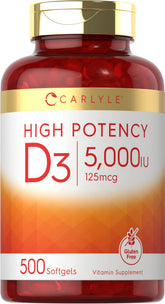 Carlyle Vitamina D3 5000 UI, cápsulas blandas, frasco visto de frente, uso diario.