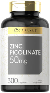 Carlyle Zinc Picolinate 50 mg, cápsulas visibles para apoyo diario de la nutrición.