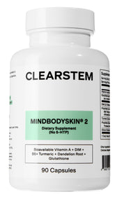 Cápsulas CLEARSTEM MINDBODYSKIN visibles para equilibrio hormonal y piel clara.