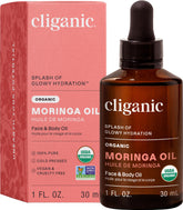 Cliganic Aceite de Moringa Orgánico, frasco vertido para nutrir piel y cabello.