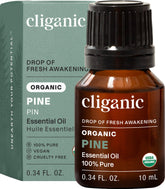 Cliganic Aceite Esencial de Pino en envase de vidrio para aromaterapia suave.