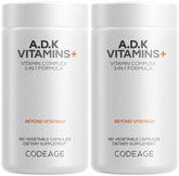 Codeage ADK Vitamins+ botella vista frontal lista para dosis diaria.