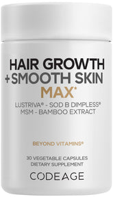 Codeage Hair Growth Smooth Skin Max frasco con cápsulas y Lustriva para cabello más lleno