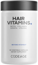 Codeage botella de vitaminas para el cabello, apoyo diario para brillo y fortaleza.